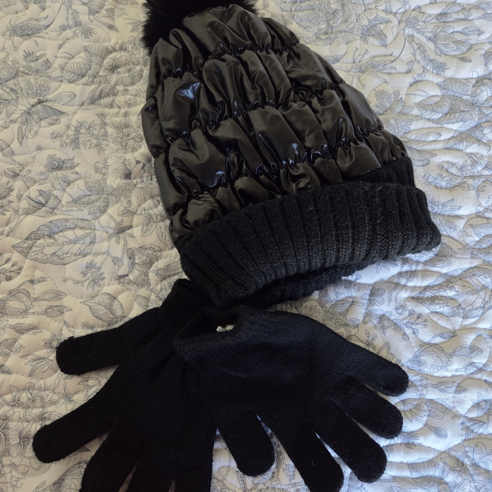 Black Puffer Beanie and Gloves Set